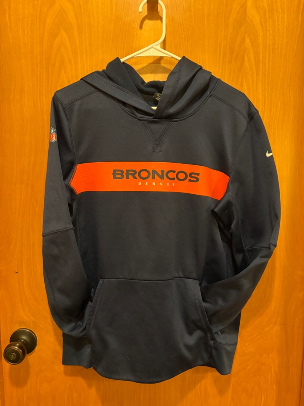Nike Navy Pullover Hoodie with Orange Broncos Chest Stripe